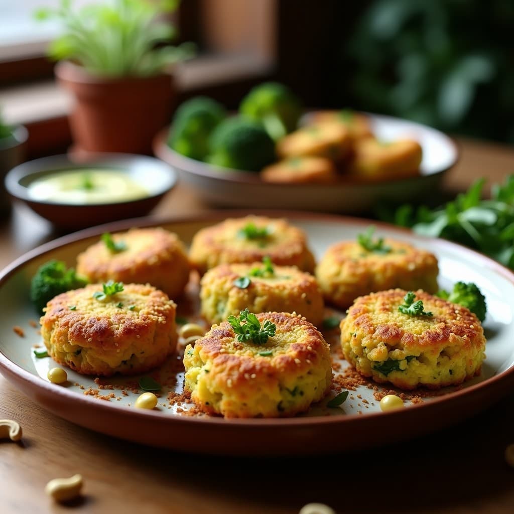 Croquetas doradas y crujientes de brócoli y queso de anacardos, servidas en un plato de barro con salsa alioli vegana y decoradas con semillas de sésamo. Receta española vegana en olla exprés.