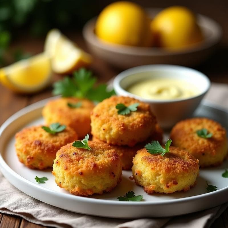 Croquetas doradas y crujientes de calabacín y queso manchego con cobertura de pan de molde integral, servidas en un plato blanco con alioli y perejil fresco. Receta en airfryer sin bechamel.