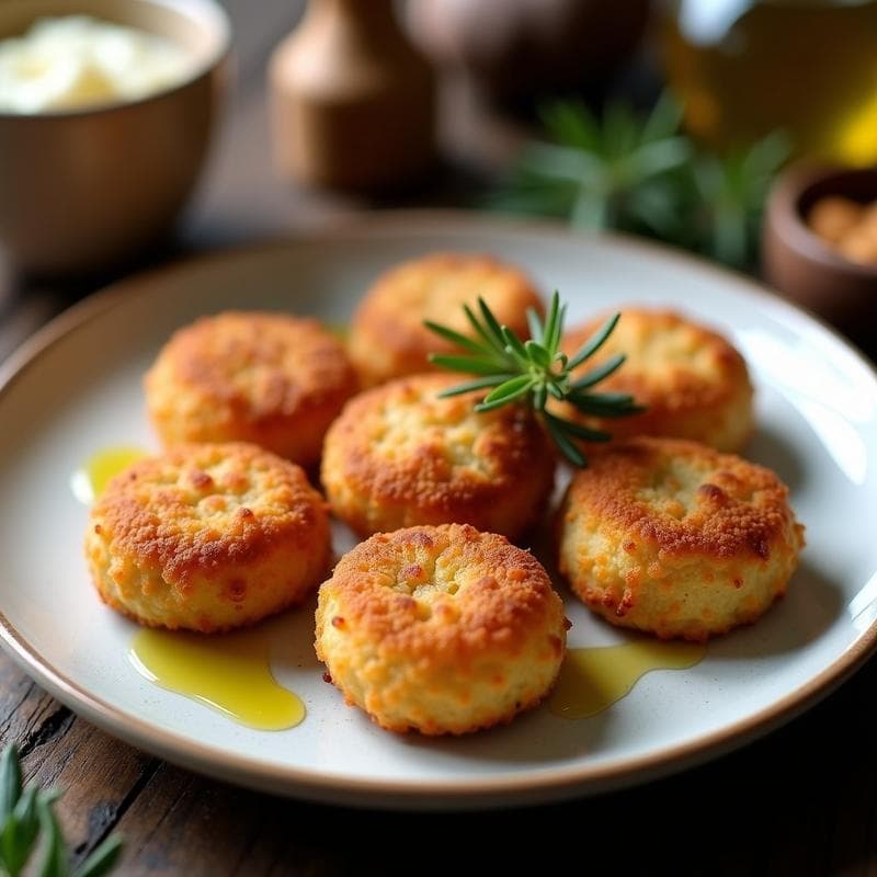 Croquetas doradas y crujientes de champiñones portobello y queso de cabra keto, servidas en plato blanco rústico con fondo de madera oscura y hierbas frescas.