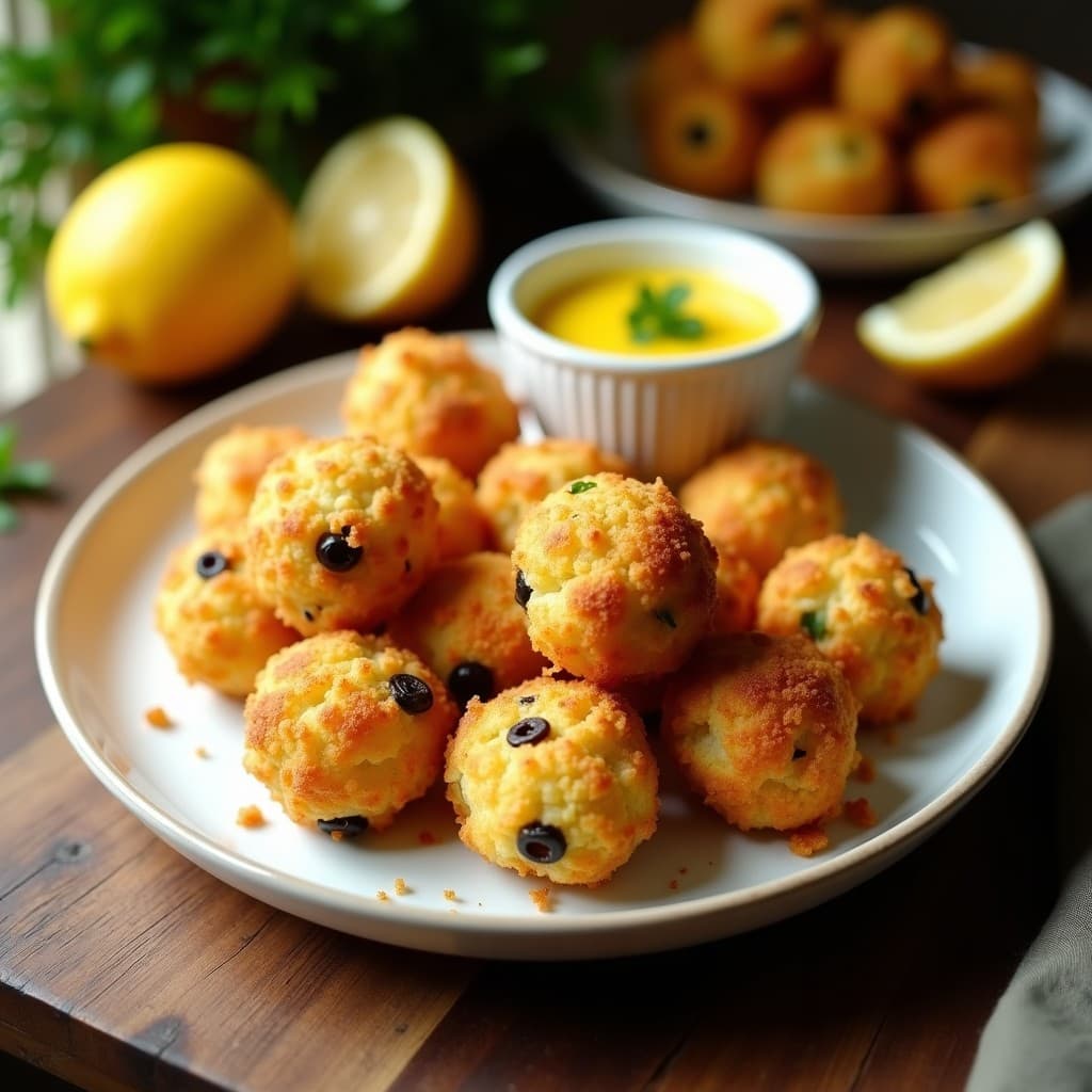 Croquetas doradas y crujientes de coliflor y aceitunas Kalamata servidas en un plato blanco con salsa de limón amarilla al lado, decoradas con perejil fresco y rodajas de limón, aperitivo griego sin lactosa.
