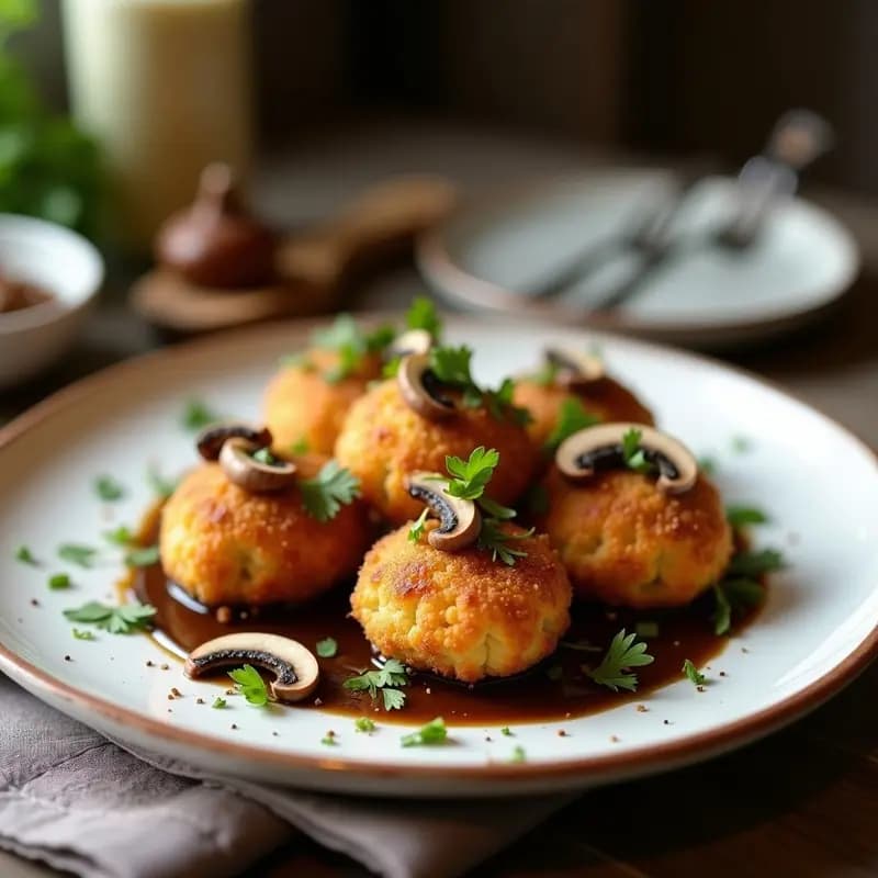 Croquetas doradas y crujientes de puré de coliflor y hongos porcini servidas en plato blanco con salsa de trufa negra, aperitivo keto francés elegante.