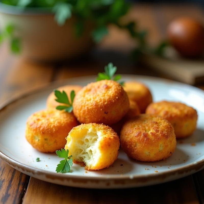 Croquetas doradas y crujientes de coliflor y queso de almendras servidas en un plato blanco rústico, con un fondo de madera y hierbas frescas. Receta sin gluten y sin lactosa en Airfryer.