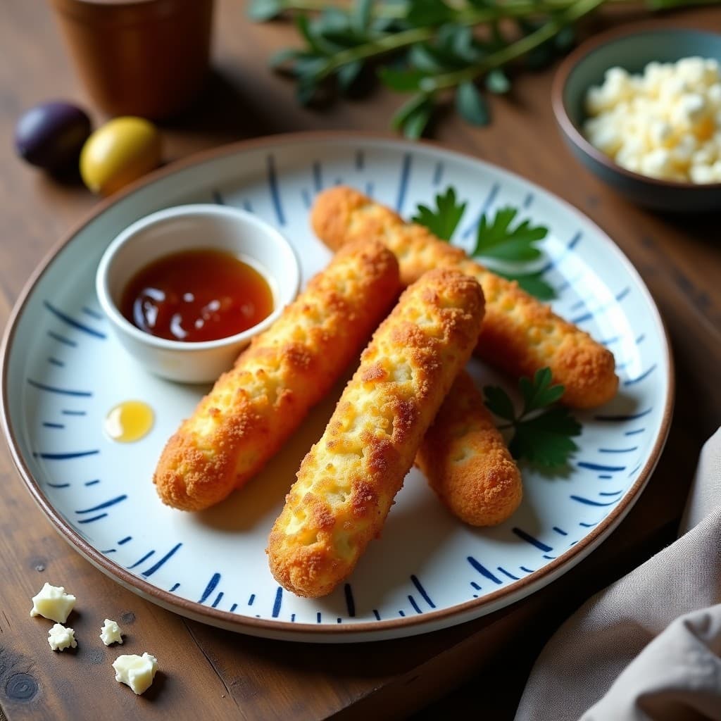 Croquetas doradas de coliflor y queso azulejo griego servidas en un plato blanco rústico, con mermelada de higos brillante y almendras tostadas por encima. Receta griega en airfryer, aperitivo gourmet crujiente.