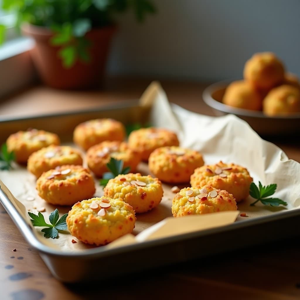 Bandeja de horno con croquetas de coliflor y queso manchego doradas, sin harina, servidas sobre papel de horno con perejil fresco. Receta ligera en Thermomix.