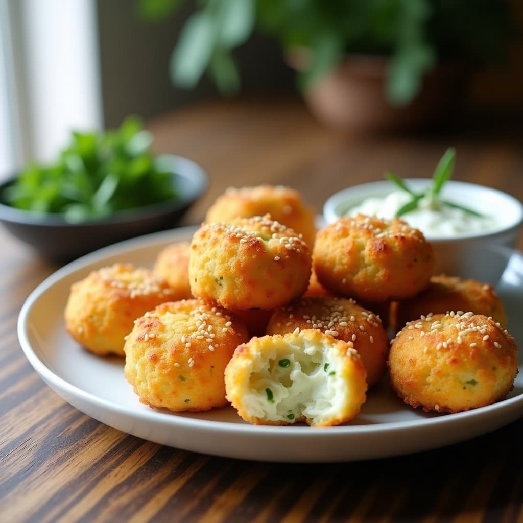 Croquetas doradas y crujientes de coliflor y queso vegano servidas en un plato blanco con salsa de yogur vegano, receta en Airfryer sin harina.