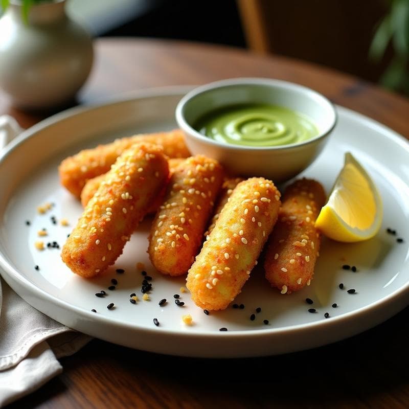 Croquetas doradas y crujientes de edamame y ajo negro servidas en un plato blanco con salsa wasabi cremosa, semillas de sésamo espolvoreadas y un toque de limón. Aperitivo keto japonés en airfryer.