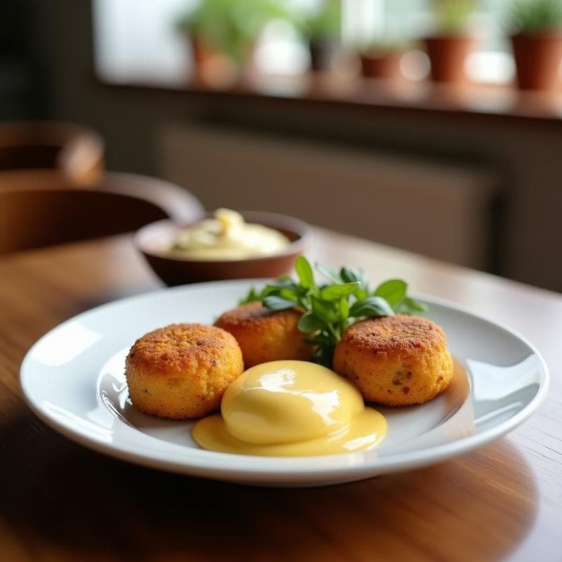 Croquetas doradas y crujientes de espaguetis sobrantes con bechamel de avena, servidas en plato blanco con hierbas frescas y salsa de tomate al lado. Receta anti-desperdicio en airfryer.