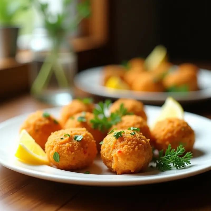 Croquetas doradas y crujientes de espárragos trigueros y gambas, servidas en un plato blanco con perejil fresco espolvoreado, receta primaveral tradicional española.