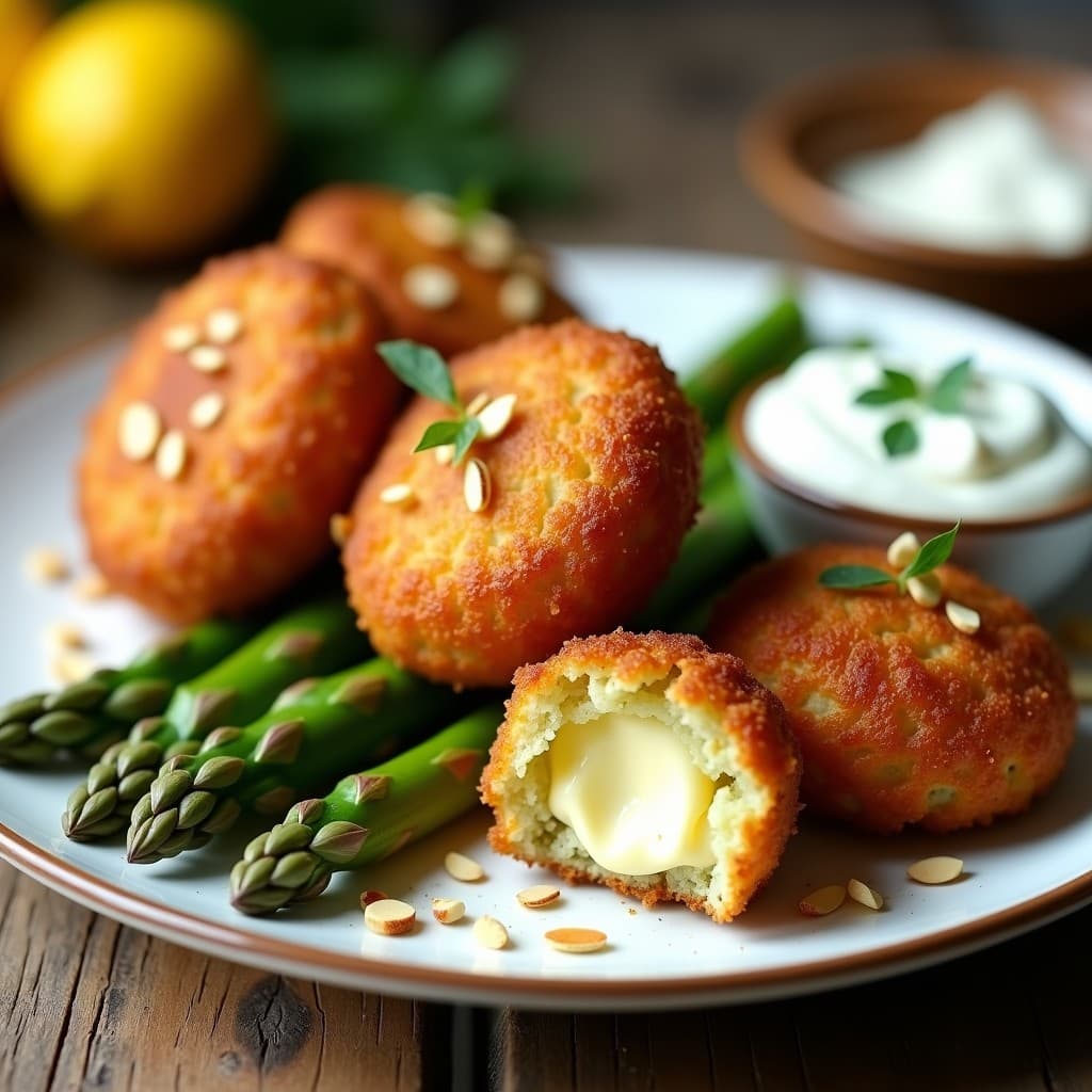 Croquetas de espárragos verdes y queso de almendras doradas en airfryer, con textura crujiente por fuera y cremosa por dentro, decoradas con puntas de espárragos frescos sobre un plato de cerámica blanca.