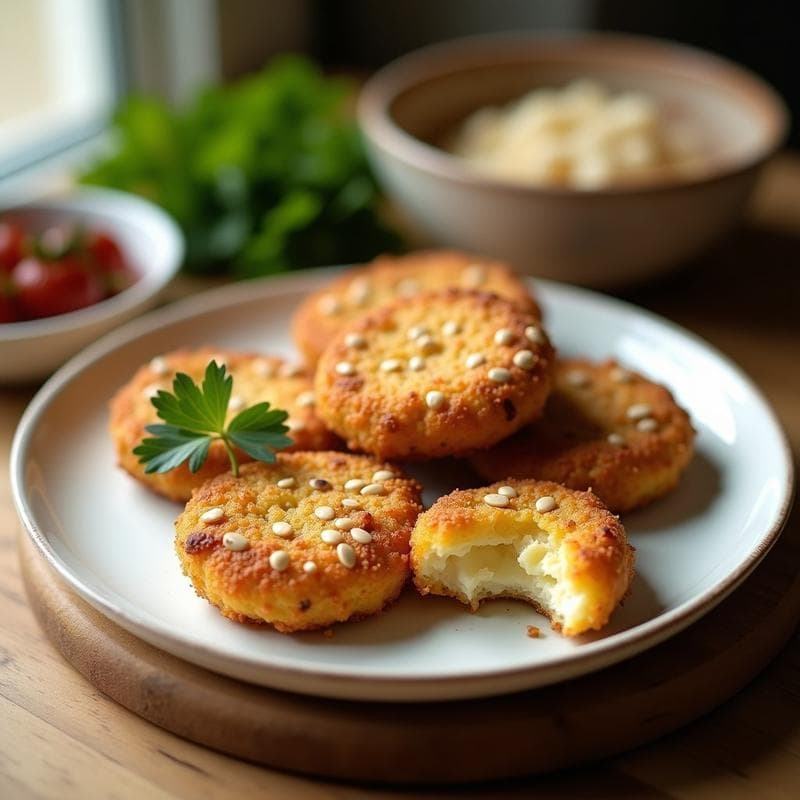 Croquetas doradas y crujientes de espárragos y queso de almendras con costra de semillas de lino y girasol, servidas en un plato blanco rústico sobre fondo de madera. Receta keto en airfryer, aperitivo saludable y bajo en carbohidratos.