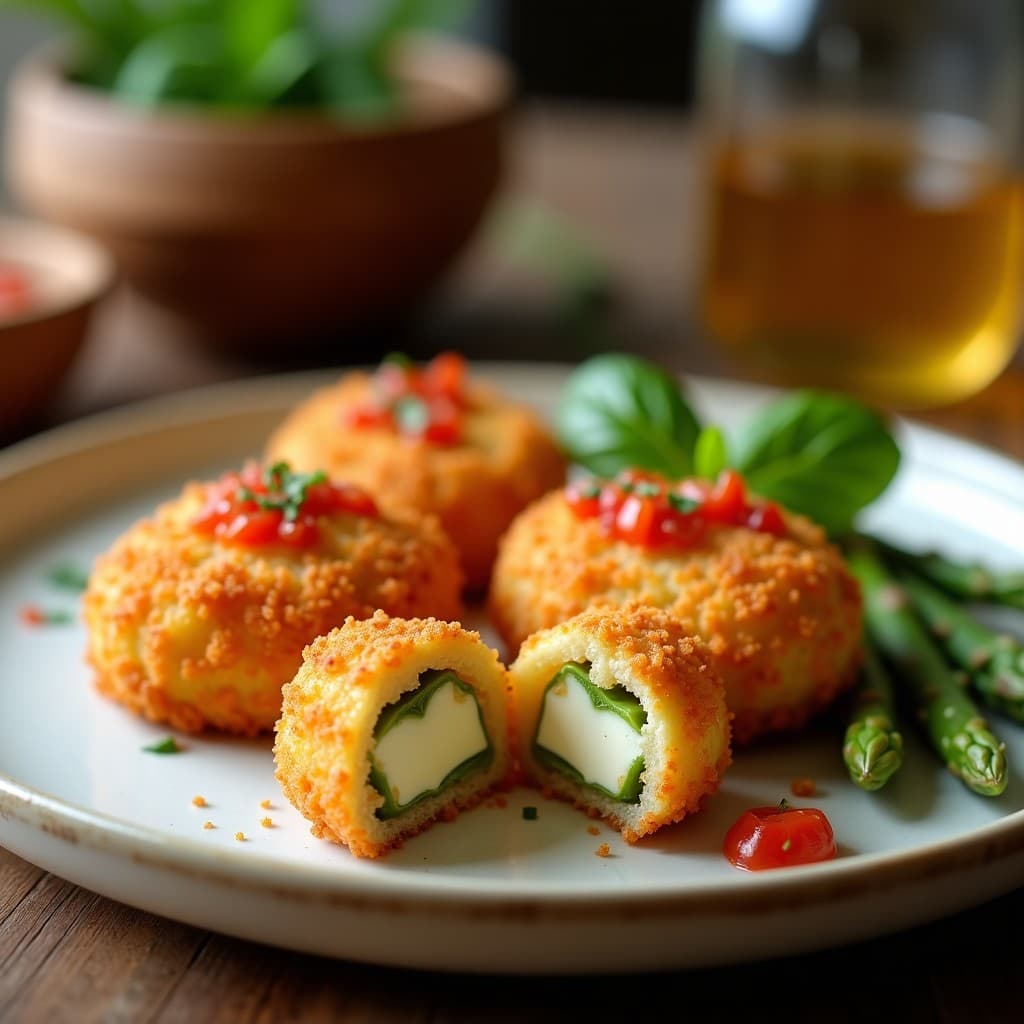 Croquetas doradas de espárragos y queso de cabra con costra crujiente de pisto español, servidas en plato blanco rústico con decoración de espárragos frescos y albahaca.