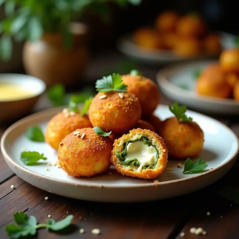 Croquetas doradas y crujientes de espárragos y queso de caju, aperitivo español vegano y sin gluten, servidas en un plato de cerámica negra con salsa de yogur y hierbas frescas.