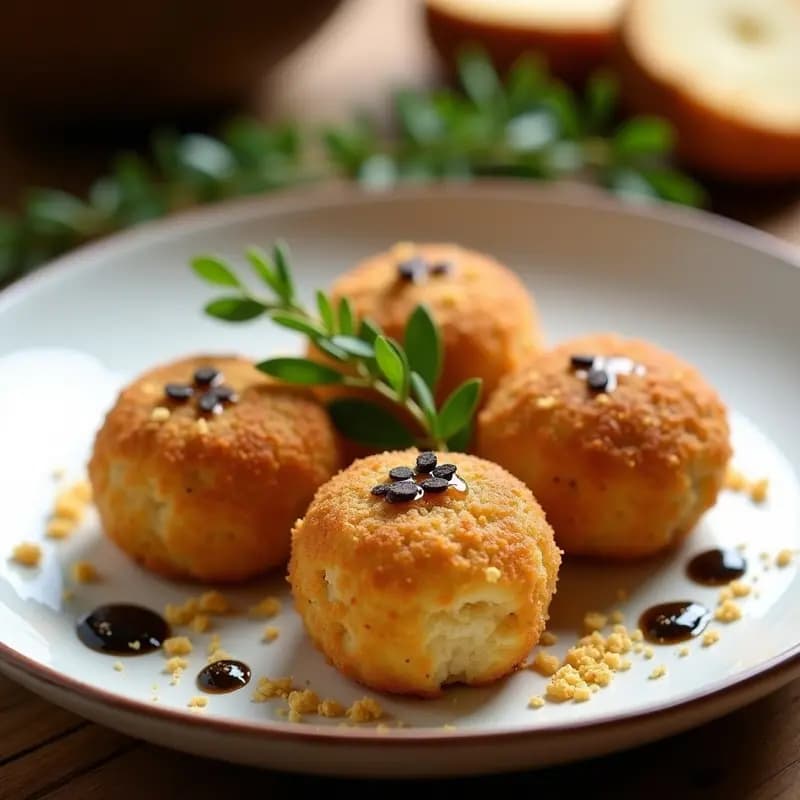 Croquetas doradas y crujientes de espelta y boletus servidas en plato blanco rústico, con un hilo de aceite de trufa negra brillante por encima. Fondo difuminado con hierbas frescas y migas de pan tostado.