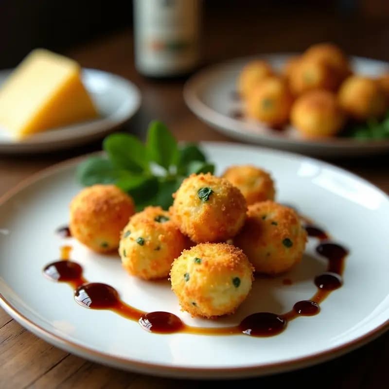Croquetas doradas y crujientes de espinaca y queso manchego servidas en plato blanco con detalles de jarabe de Pedro Ximénez brillando sobre su superficie, aperitivo español gourmet.