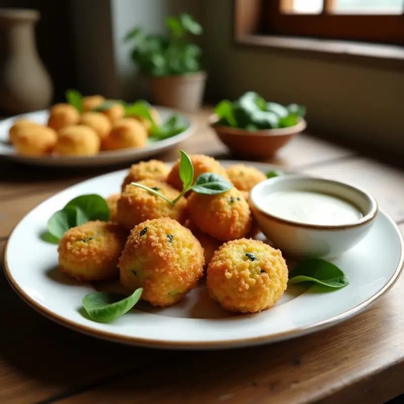 Croquetas doradas y crujientes de espinaca y queso de cashews veganas, servidas en un plato blanco con salsa de yogur y decoradas con hojas de espinaca fresca. Receta vegana sin horno y sin lactosa.