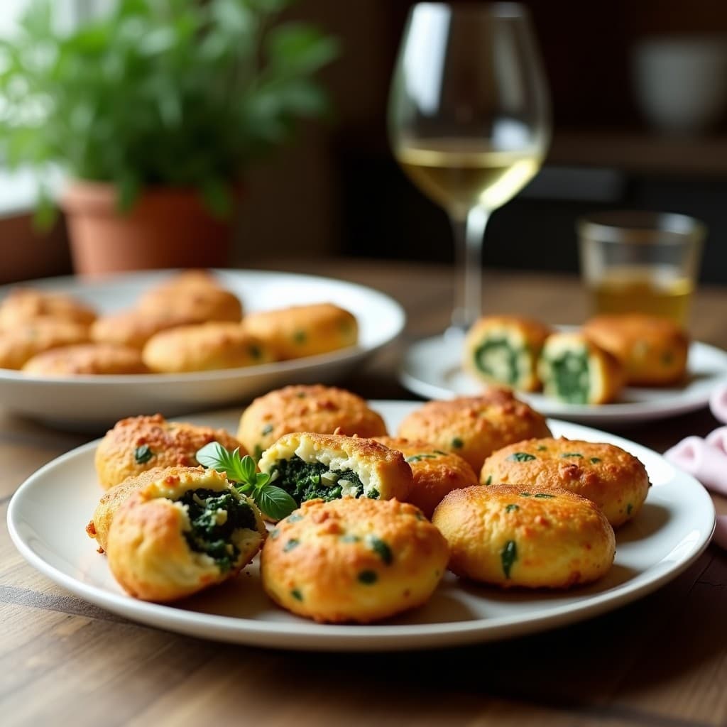 Croquetas de espinaca y queso feta al horno en airfryer, doradas y crujientes por fuera, con semillas de sésamo visibles. Servidas en plato blanco rústico con yogur griego y perejil fresco como acompañamiento.