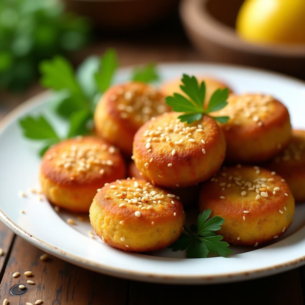 Croquetas de espinaca y queso de mandioca doradas y crujientes en airfryer, servidas en un plato de cerámica blanca con perejil fresco y semillas de sésamo. Receta brasileña sin lactosa.