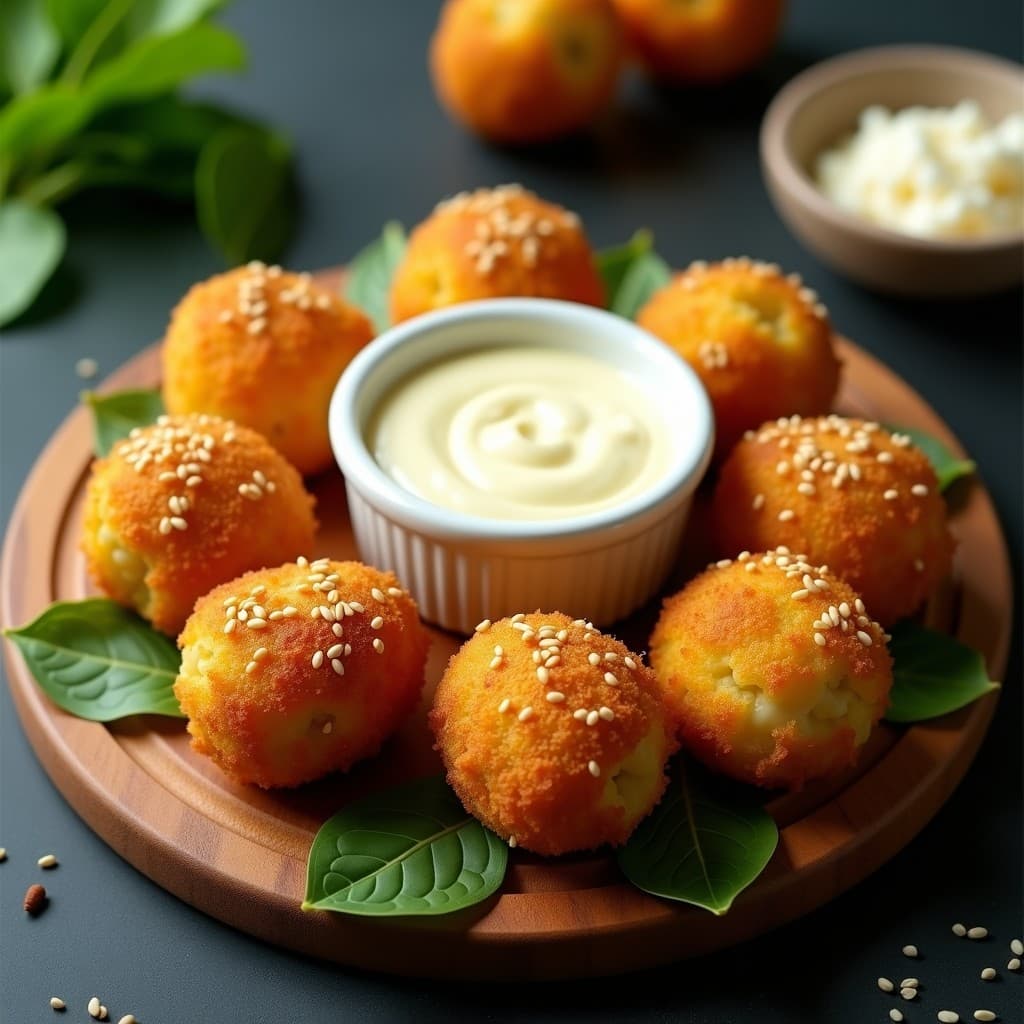 Croquetas doradas y crujientes de espinaca y queso de oveja con cobertura de pan de maíz, servidas en un plato blanco con salsa de yogur y perejil fresco. Receta gourmet para airfryer.