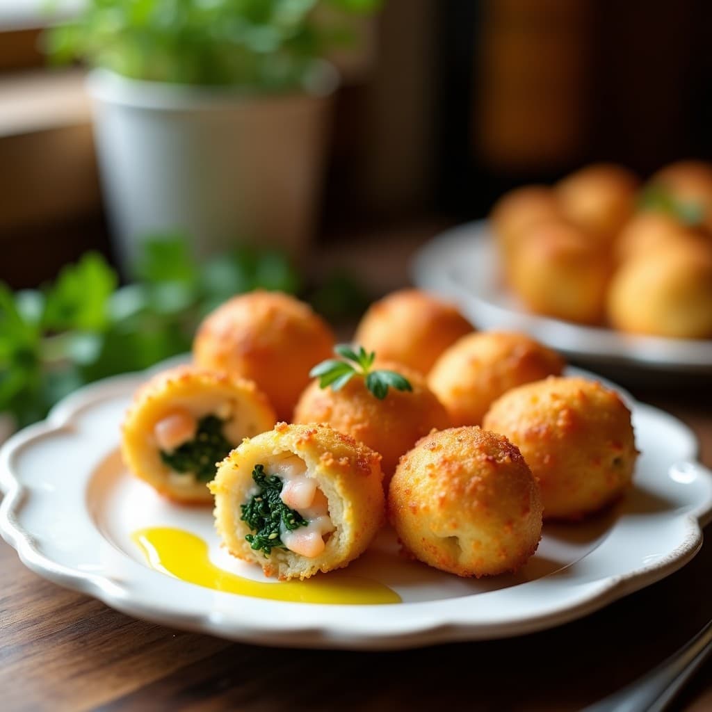 Croquetas doradas y crujientes de espinacas y gambas servidas en plato blanco rústico, con fondo borroso de cocina tradicional española y hierbas frescas.