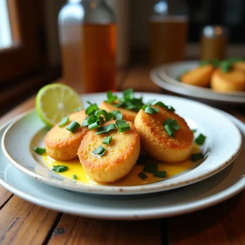 Plato blanco con croquetas de espinacas y gorgonzola doradas y crujientes por fuera, con un interior cremoso. Acompañadas de salsa de tomate casera y decoradas con hojas de espinaca fresca, sobre un fondo rústico de madera.