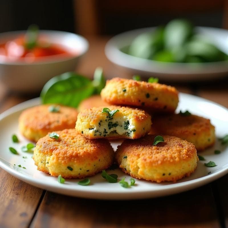 Croquetas doradas de espinacas y queso de anacardo con corteza de almendra, servidas en un plato blanco con salsa de tomate casera al fondo. Receta vegana en airfryer, crujientes por fuera y cremosas por dentro.
