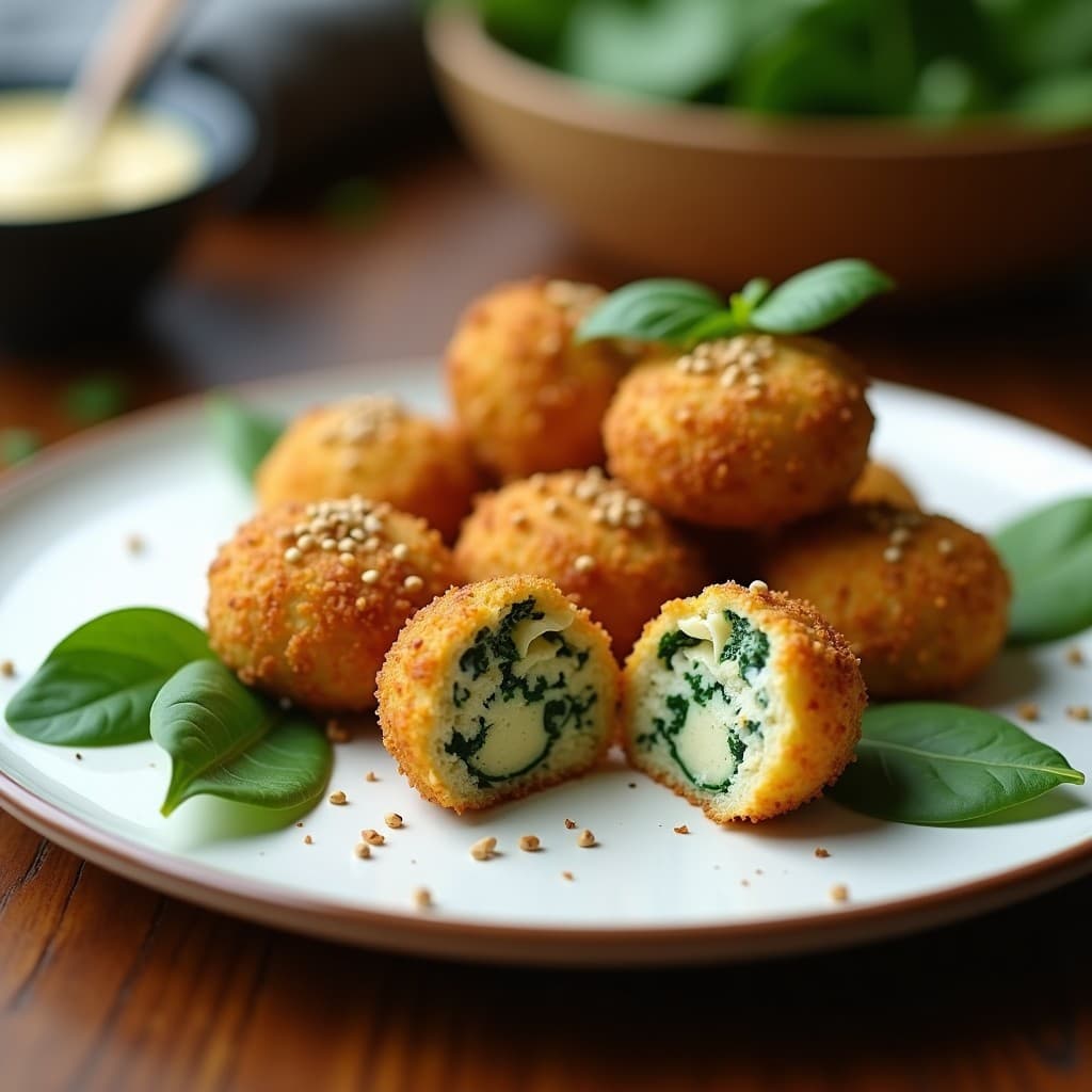 Croquetas doradas de espinacas y queso de anacardos sin horno, con cobertura crujiente de semillas de lino, chía y sésamo, servidas en un plato blanco rústico con hierbas frescas.