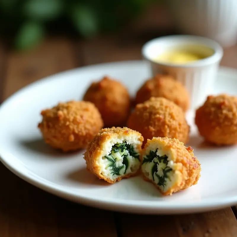 Croquetas doradas de espinacas y queso de cabra con base de almendra molida, servidas en plato blanco sobre fondo rústico de madera, receta fácil en Airfryer.