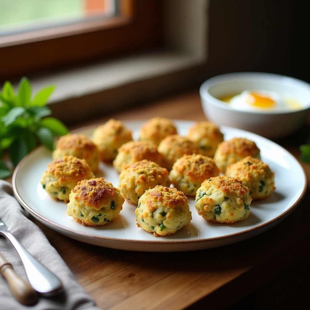 Bandeja de croquetas doradas de espinacas y queso de cabra con costra de pistacho crujiente, servidas sobre papel de horno con un toque de yogur griego y menta fresca. Receta sin freír y alta en hierro.