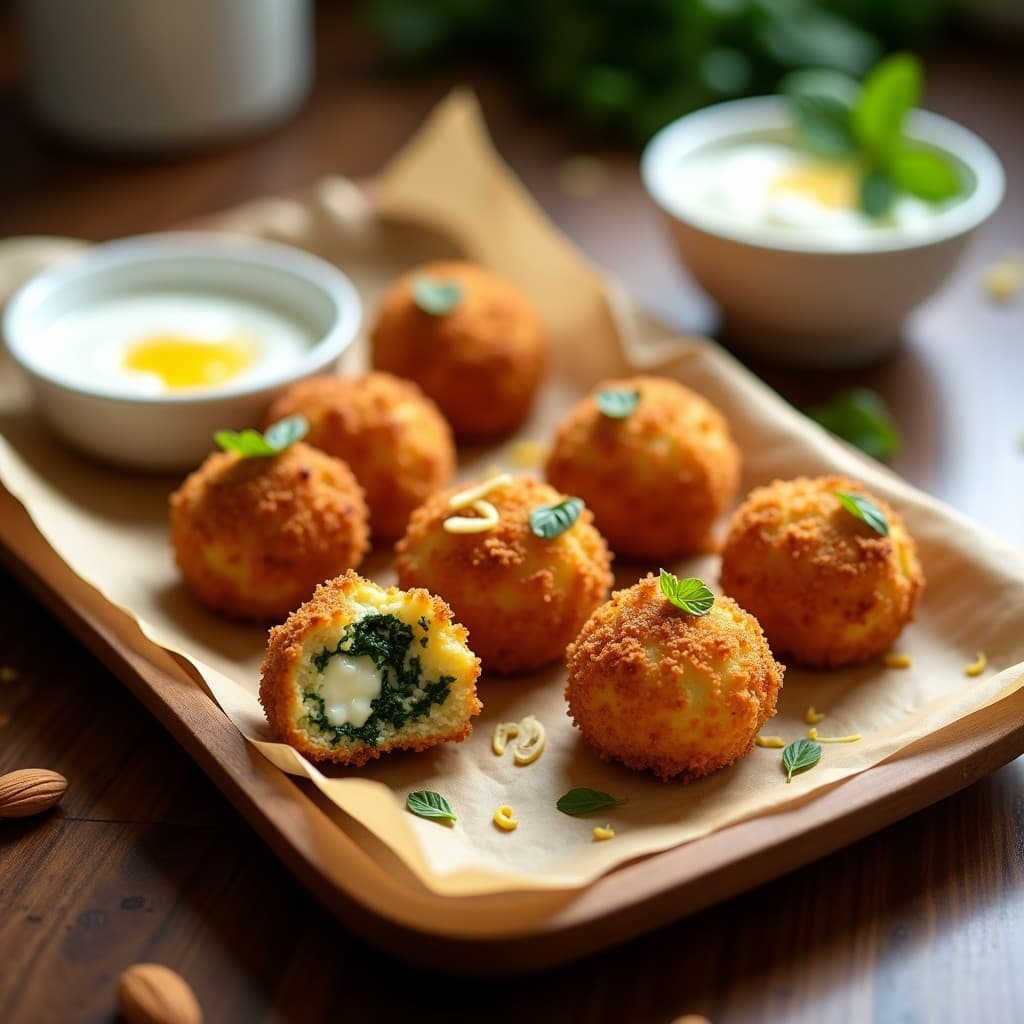 Croquetas doradas y crujientes de espinacas y queso de cabra con panko de almendra, dispuestas en bandeja rústica sobre papel de horno, con perejil fresco espolvoreado y salsa de yogur al lado.