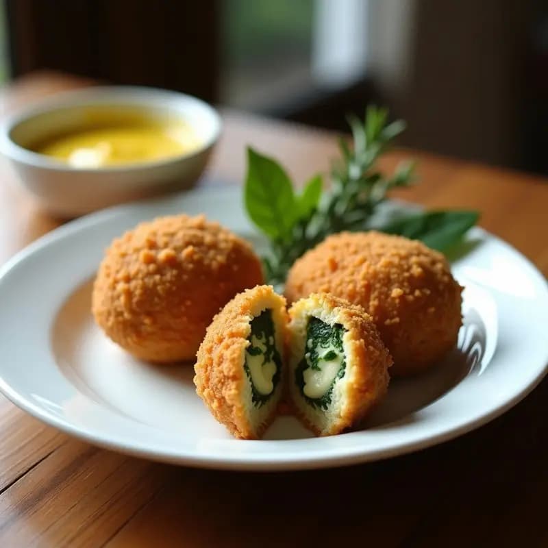 Croquetas doradas y crujientes de espinacas y queso de castaña veganas, servidas en plato blanco con fondo rústico de madera. Acompañadas de salsa de mostaza y hierbas frescas. Receta francesa sin fritura.