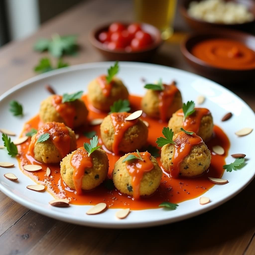 Plato de croquetas doradas y crujientes de espinacas y queso de castañas, servidas sobre un lecho de salsa romesco cremosa de color rojo anaranjado, decoradas con almendras fileteadas y perejil fresco, receta catalana sin lactosa.