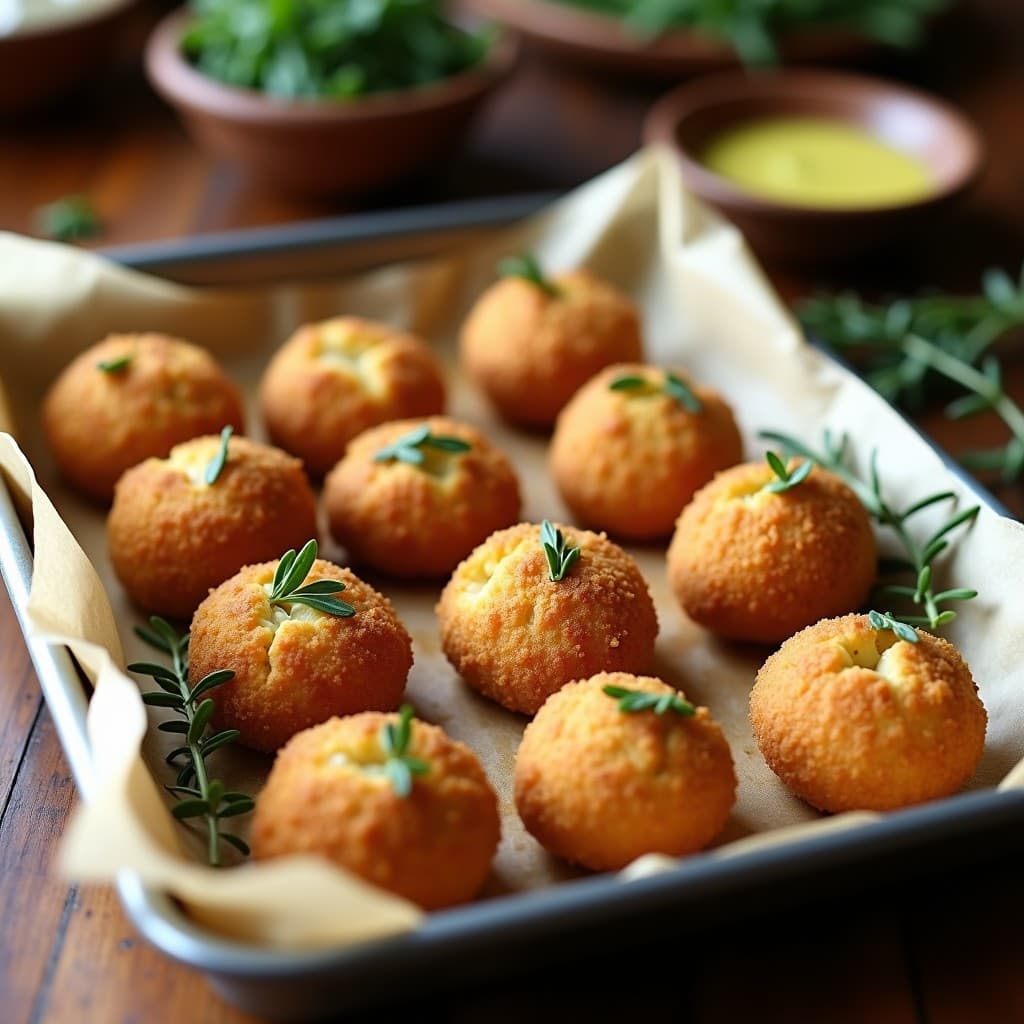 Bandeja de horno con croquetas doradas de espinacas y queso de castañas, empanizadas con pan de almendra, sobre papel vegetal. Textura crujiente exterior y cremosa interior, acompañadas de hierbas frescas.