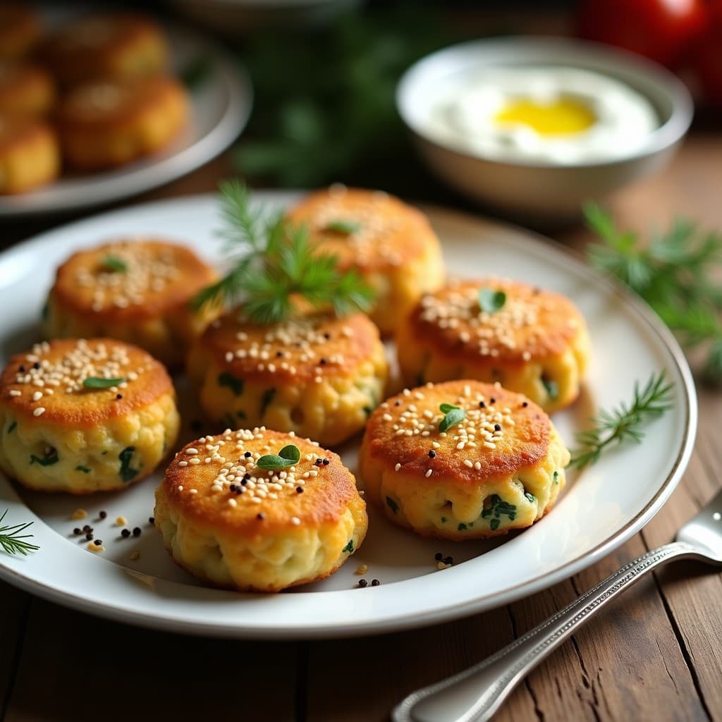 Croquetas griegas doradas y crujientes de espinacas y queso feta con costra de semillas de sésamo, servidas en un plato blanco rústico con hojas de menta fresca y un cuenco de yogur griego al lado.