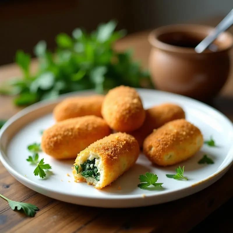 Croquetas doradas y crujientes de espinacas y queso idiazábal servidas en una fuente de cerámica blanca, con un fondo rústico de madera y hierbas frescas. Aperitivo cremoso y sin lactosa ideal para fiambre.