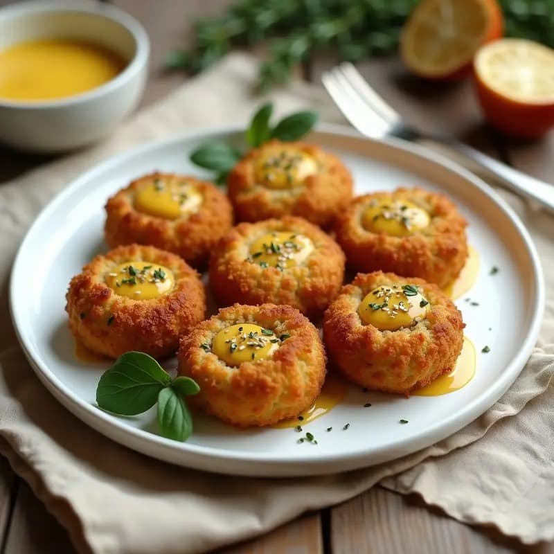 Croquetas doradas y crujientes de espinacas y queso de oveja vegano con bechamel de avena, servidas en una fuente de cerámica blanca sobre un mantel de lino beige, con semillas de sésamo visibles en la superficie y un toque de hierbas frescas alrededor.