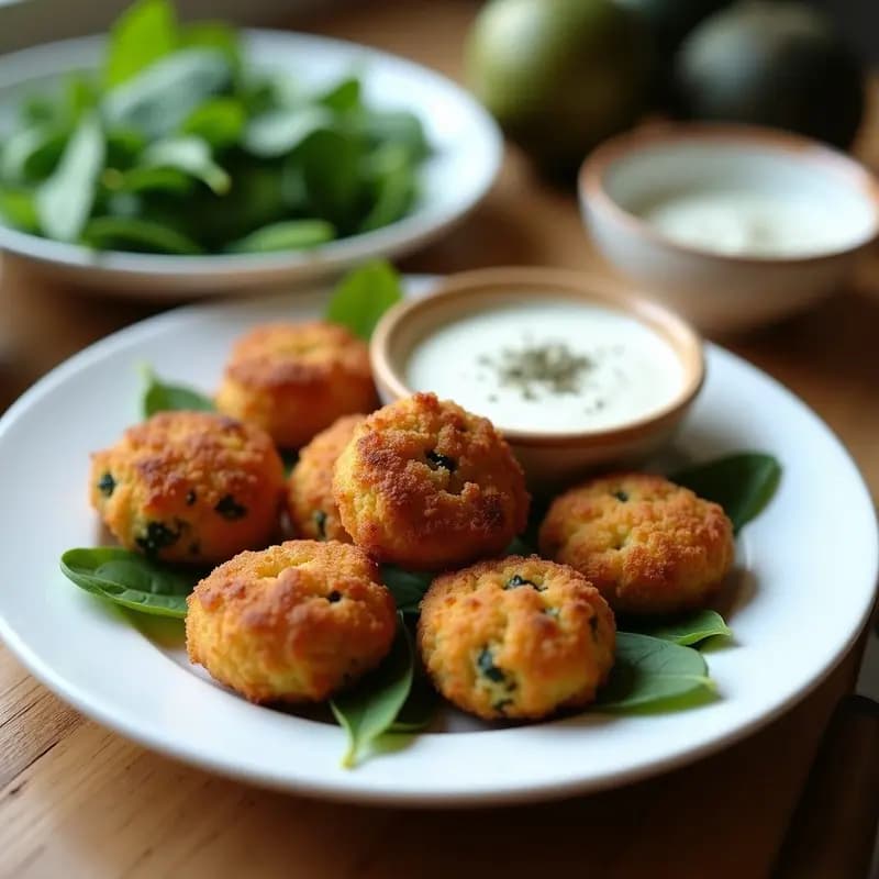 Plato blanco con croquetas doradas de espinacas y queso de oveja rebozadas en pan puro de centeno, servidas con salsa de yogur griego y decoradas con hojas de espinaca fresca. Receta griega para niños, saludable y crujiente.