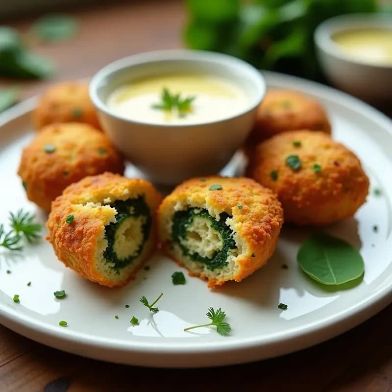 Croquetas doradas y crujientes de espinacas y quinoa sobre un plato blanco, acompañadas de salsa de yogur cremosa con eneldo. Receta vegana española con textura esponjosa por dentro y dorada por fuera.