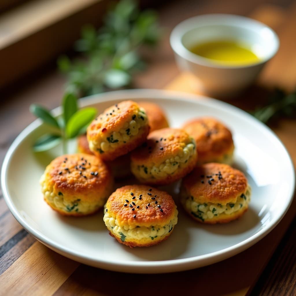 Croquetas doradas y crujientes de espinacas y Tofoo Feta en Airfryer, con semillas de sésamo negro, servidas en un plato blanco con hierbas frescas y aceite de oliva, receta griega sin harina.