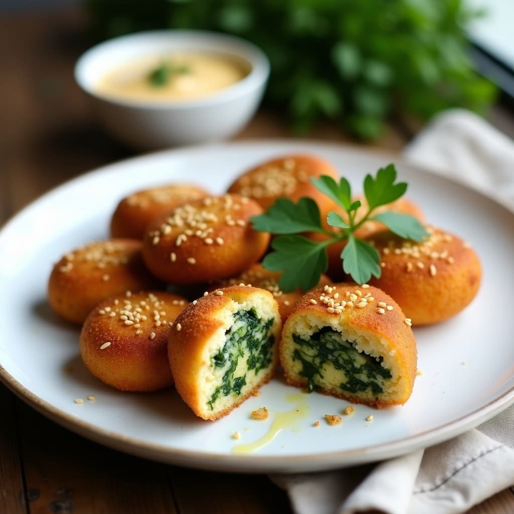 Croquetas de espinacas y tofu veganas doradas y crujientes servidas en plato blanco con dip de yogur, receta en Thermomix ultra cremosa.