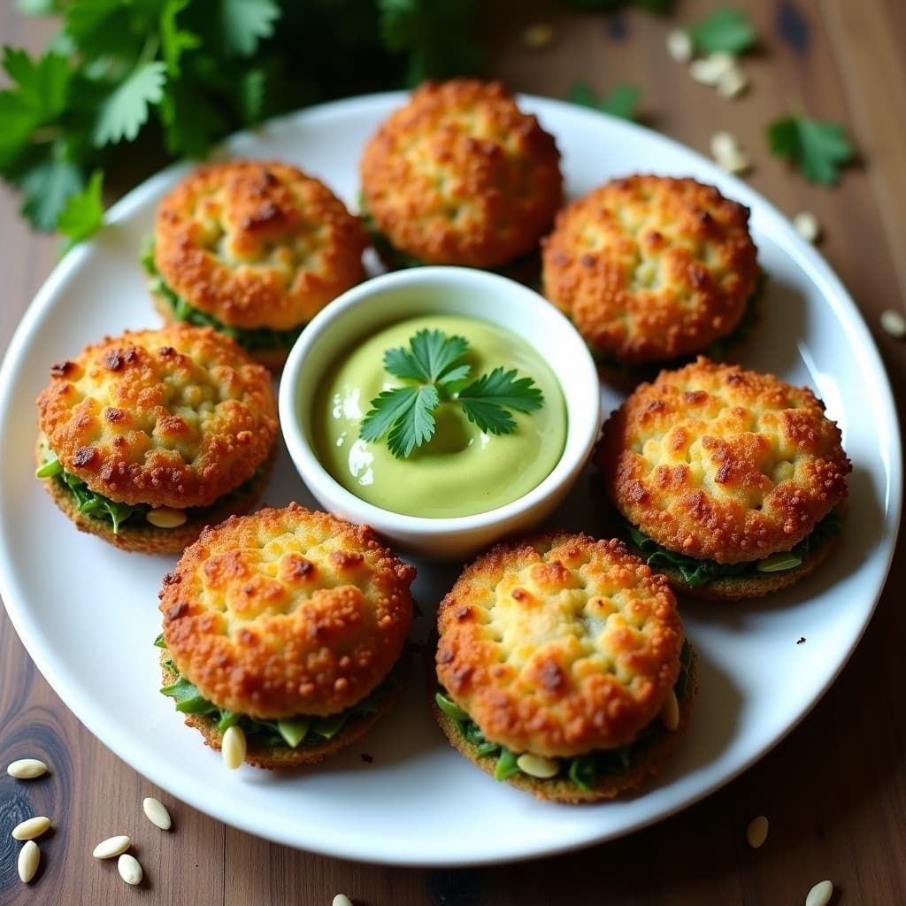 Plato blanco con croquetas de espirulina y queso vegano al horno, doradas y crujientes por fuera, con un dip cremoso de aguacate al lado. Fondo rústico con hierbas frescas y semillas de sésamo.