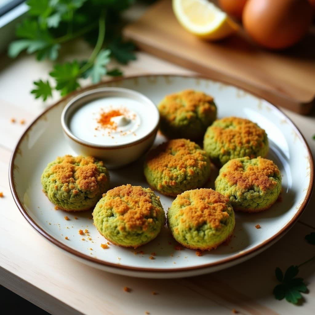 Croquetas doradas y crujientes de espirulina y queso vegano con pan de mijo, servidas en un plato blanco rústico con salsa de yogur vegano al lado. Receta española sin horno en airfryer, alta en proteína y sin gluten.