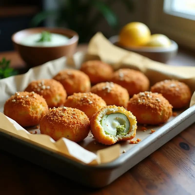 Bandeja de croquetas doradas de flor de calabaza y queso de almendras al horno, con textura crujiente y relleno cremoso, servidas sobre papel de horno.