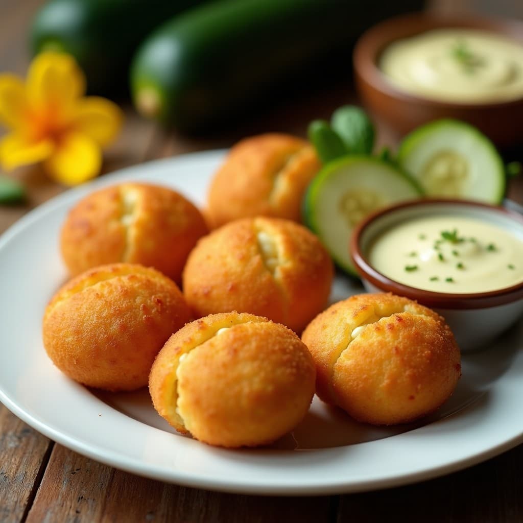 Croquetas de flor de calabaza y queso manchego doradas y crujientes, servidas en un plato blanco con un homenaje a la cocina tradicional española en Thermomix.