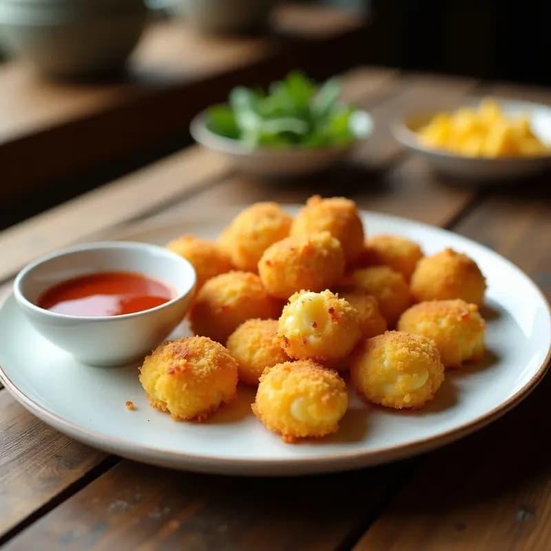 Croquetas doradas y crujientes de flower cauliflower con queso vegano de cashew, servidas en un plato blanco con salsa de tomate al lado. Receta sin lácteos en airfryer.