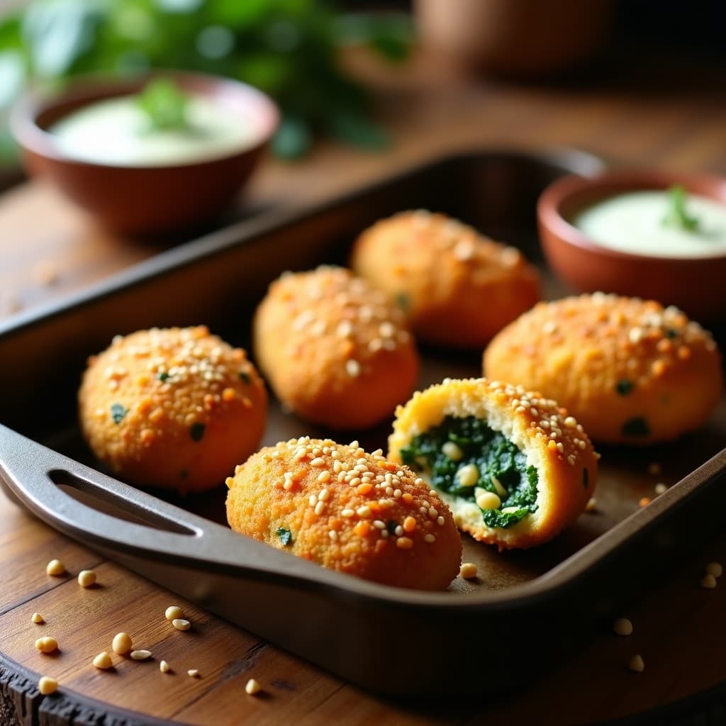 Croquetas doradas y crujientes de garbanzo y espinacas al horno con toque de comino, servidas en bandeja rústica de madera con dip de yogur vegano y semillas de sésamo espolvoreadas.