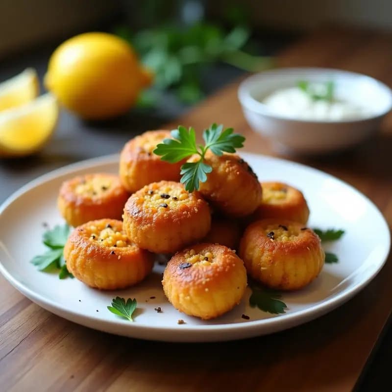 Croquetas doradas y crujientes de garbanzos y aceitunas Kalamata servidas en plato blanco rústico, con perejil fresco espolvoreado y salsa de yogur al lado, aperitivo griego vegano hecho en airfryer.