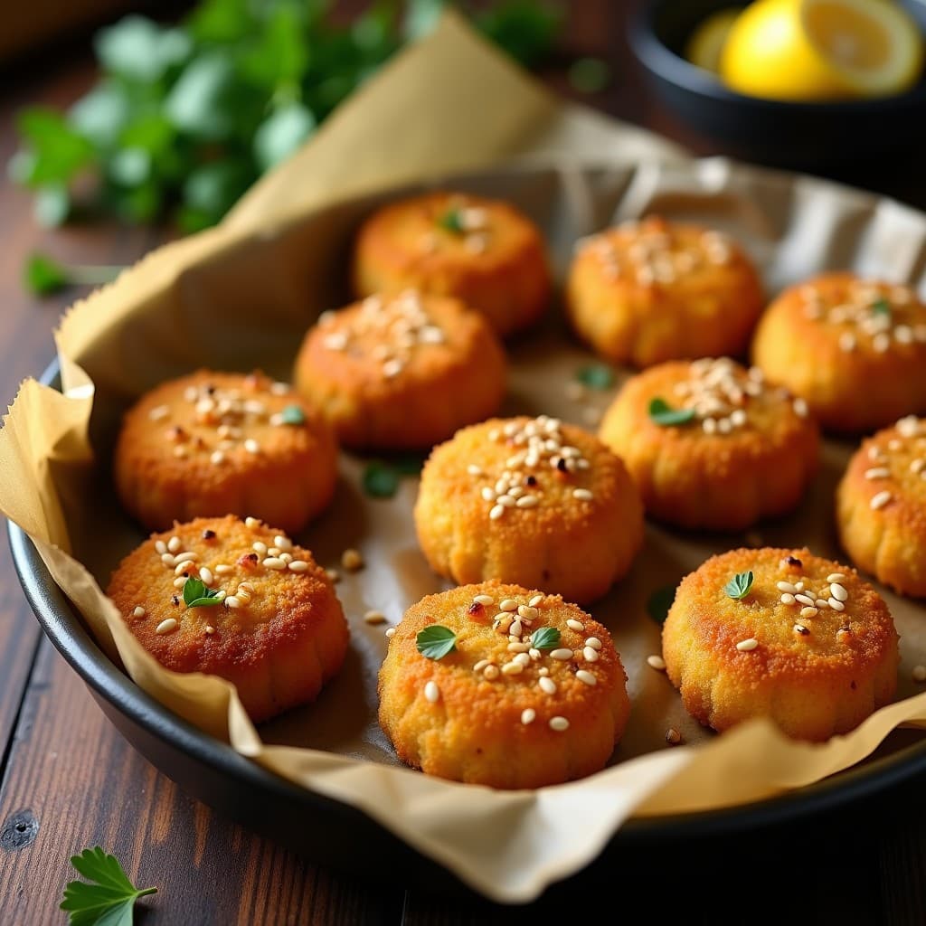 Croquetas veganas de garbanzos y alcachofa doradas y crujientes al horno, servidas en una bandeja de madera con hierbas frescas y salsa de yogur vegano.