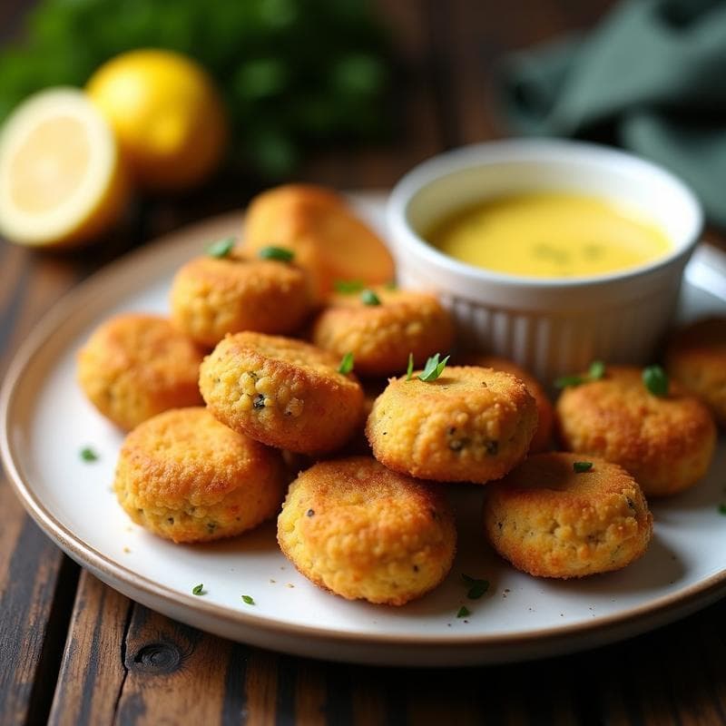 Croquetas doradas de garbanzos y alcachofas con salsa de limón y ajo, servidas en plato blanco rústico con hierbas frescas. Receta española sin gluten, crujientes por fuera y cremosas por dentro.