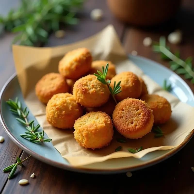 Croquetas doradas y crujientes de hongos morilla y trigo sarraceno sobre papel de horno, con un fondo rústico de madera y hierbas frescas. Receta vegana y sin gluten en Thermomix.