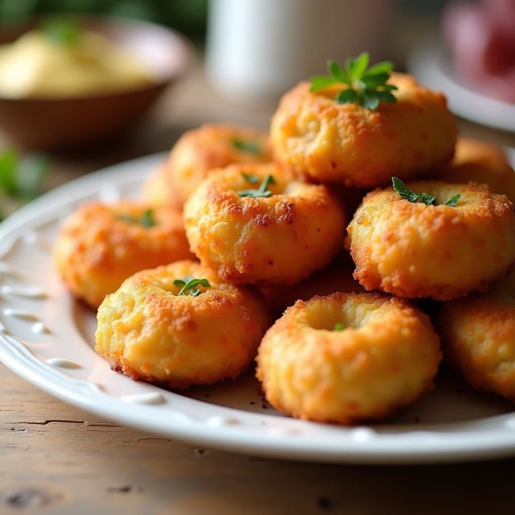 Plato blanco con croquetas de jamón york y bechamel doradas y crujientes, servidas con un poco de perejil picado por encima, receta casera tradicional española.
